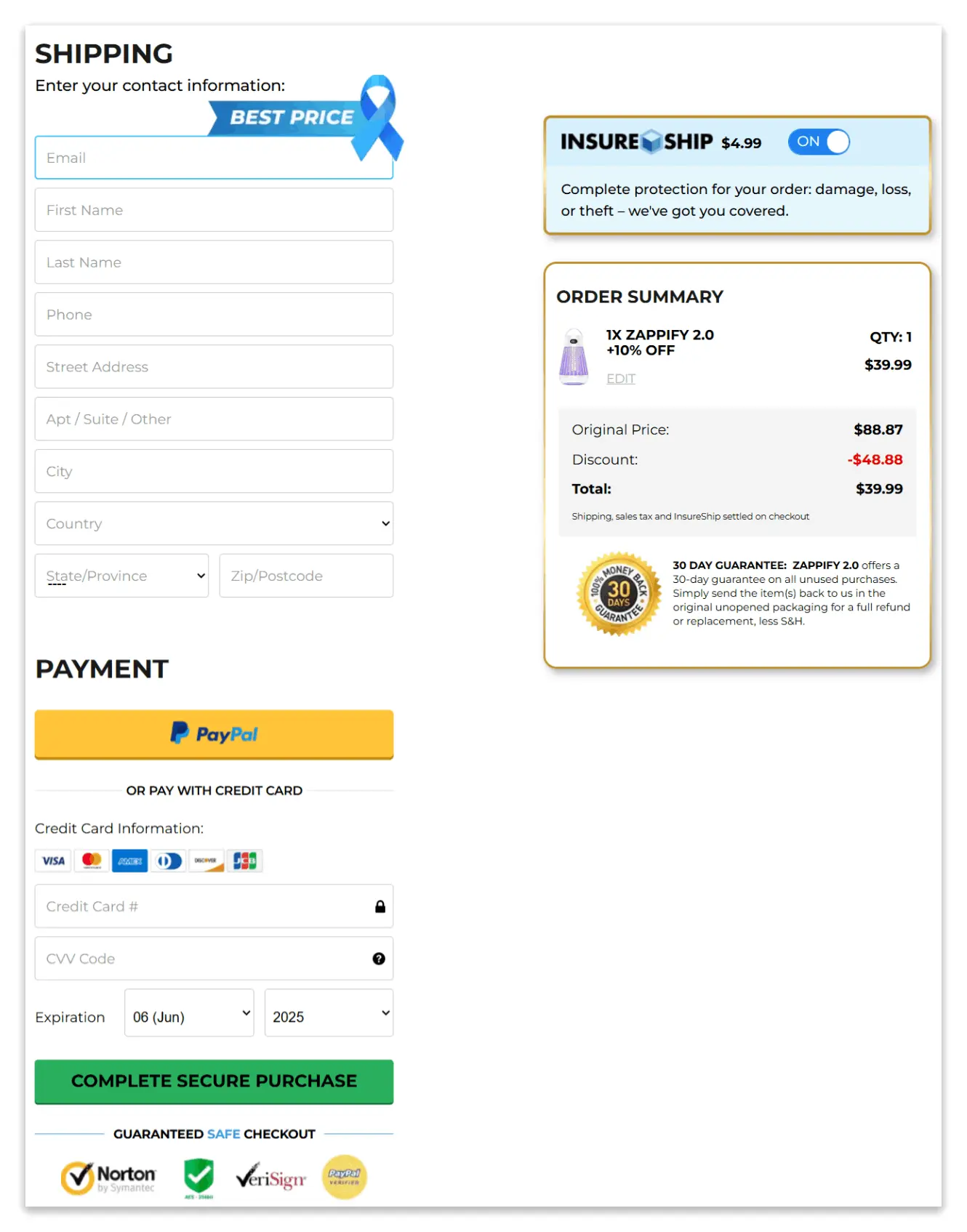 Zappify secure checkout page